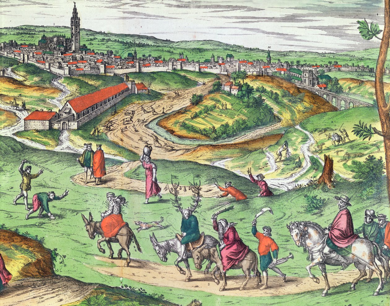 Sevillan kaupunkisuunnitelma, Georg Braunin Civitates Orbis Terrarumista 1541-1622 ja Frans Hogenbergistä 1535-90, 1593 värillinen kaiverrus yksityiskohta numerosta 121051 tekijältä Joris Hoefnagel