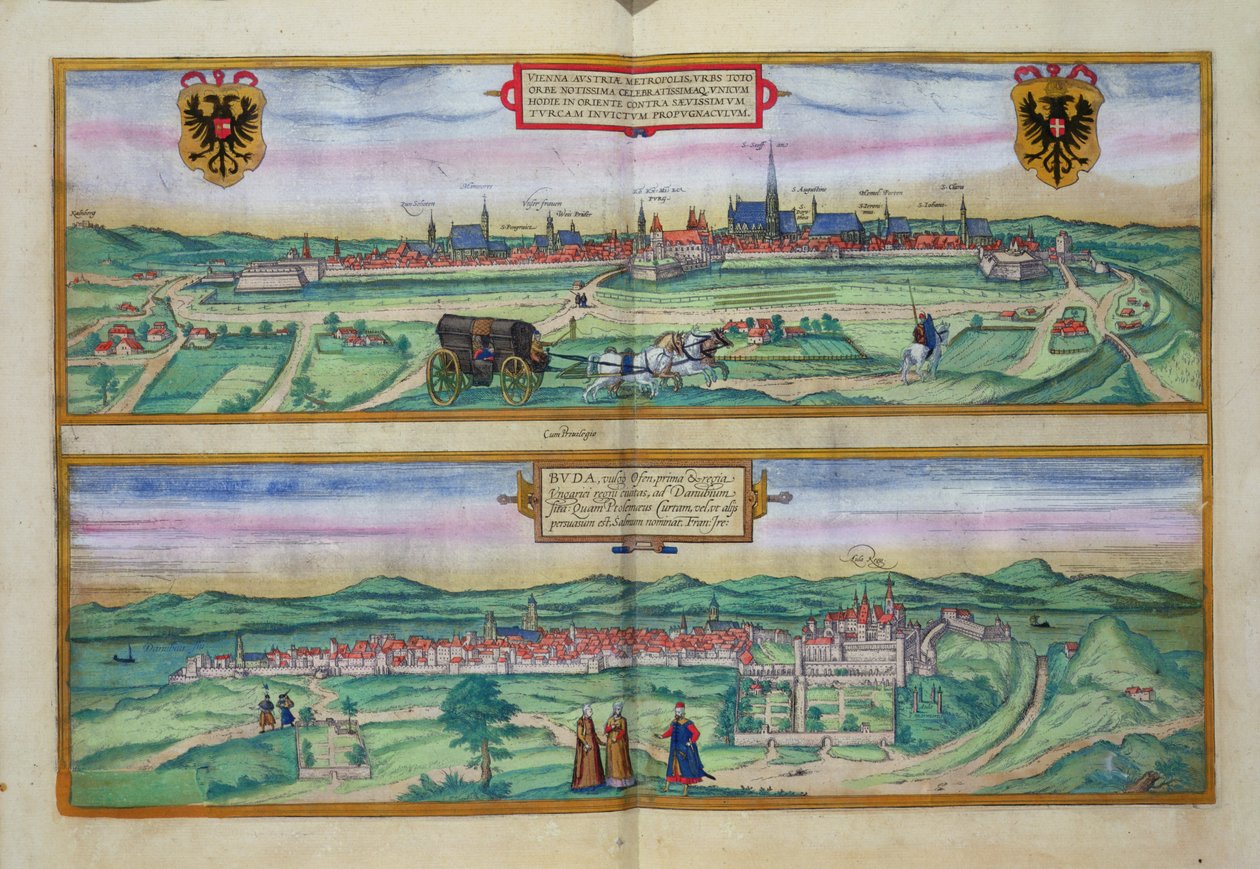 Wienin ja Budan kaupunkisuunnitelma Georg Braunin (1541-1622) ja Frans Hogenbergin (1535-90) Civitates Orbis Terrarumista, n. 1572 tekijältä Joris Hoefnagel