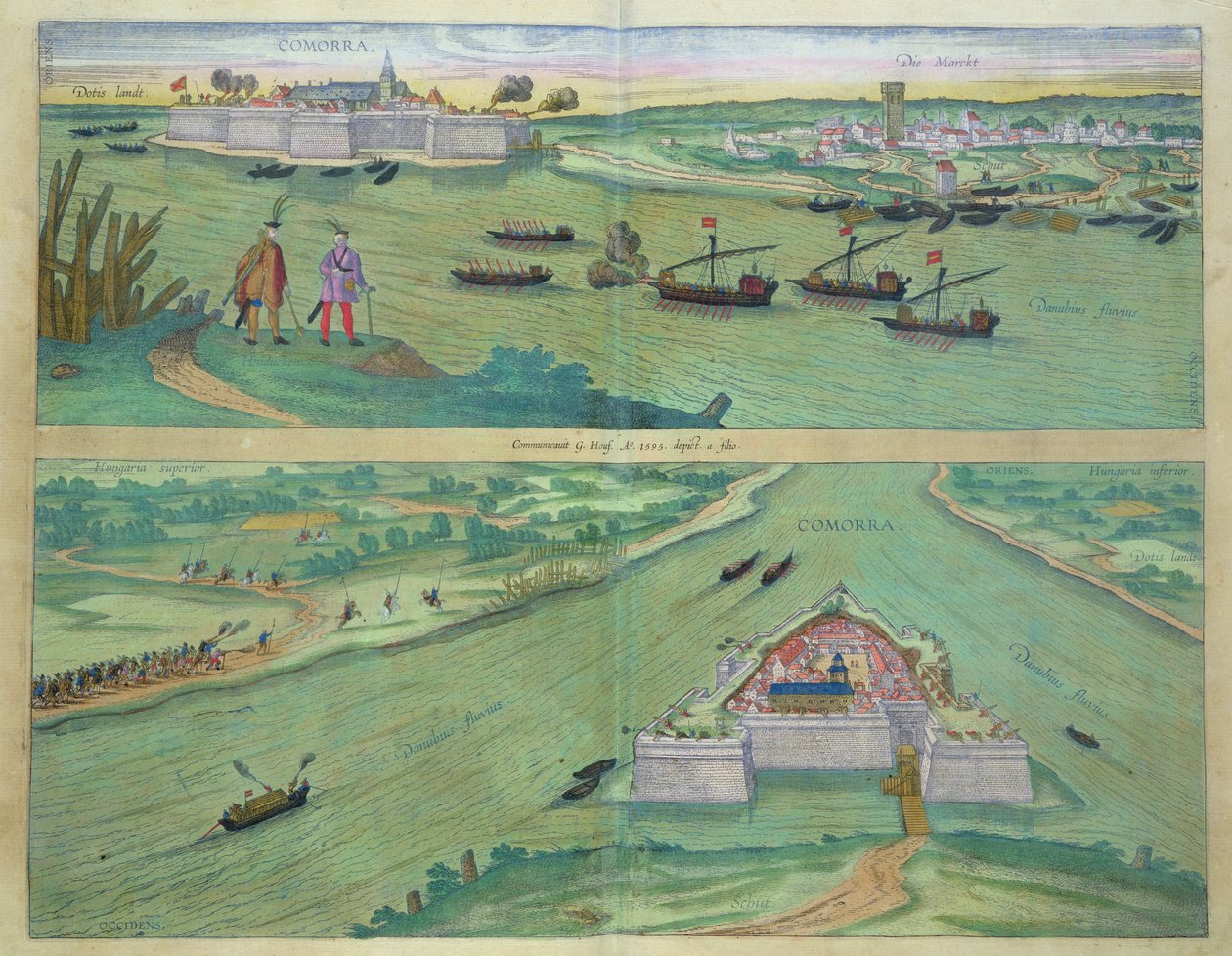 Kaksi näkymää Comorrasta, Georg Braunin (1541-1622) ja Frans Hogenburgin (1535-90) teoksesta "Civitates Orbis Terrarum", noin 1572. tekijältä Joris Hoefnagel