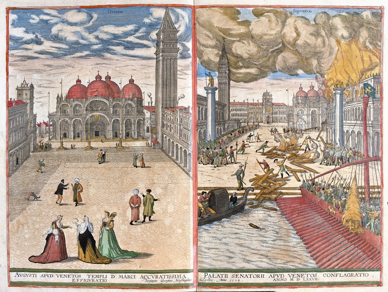 Venetsia, Italia: Pyhän Markuksen kirkko ja tulipalo Venetsian Dogen palatsissa vuonna 1577 (piirustus tekijältä Joris Hoefnagel