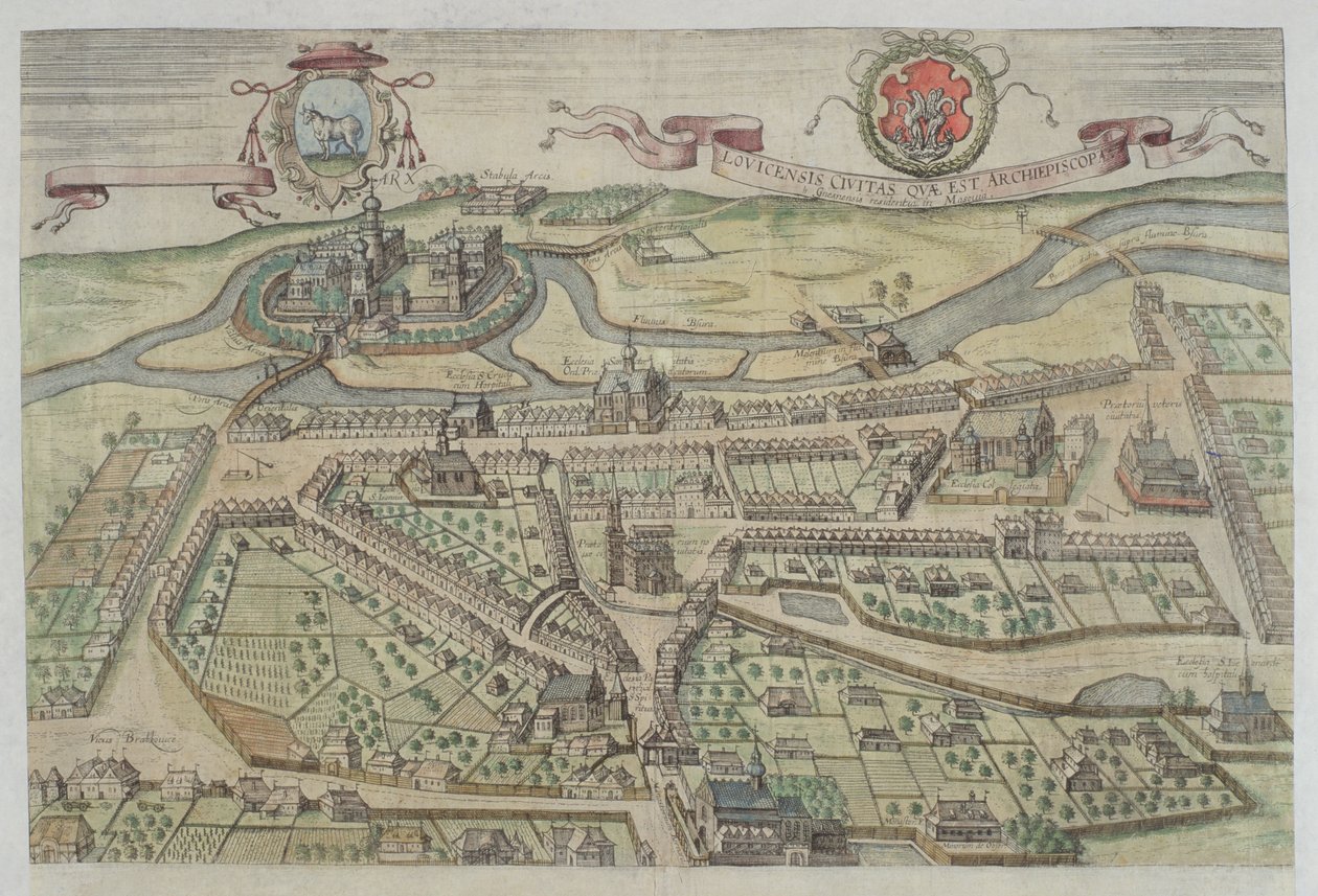 Näkymä Lowicziin Georg Braunin (1541-1622) ja Frans Hogenbergin (1535-90) Civitates Orbis Terrarumista tekijältä Joris Hoefnagel