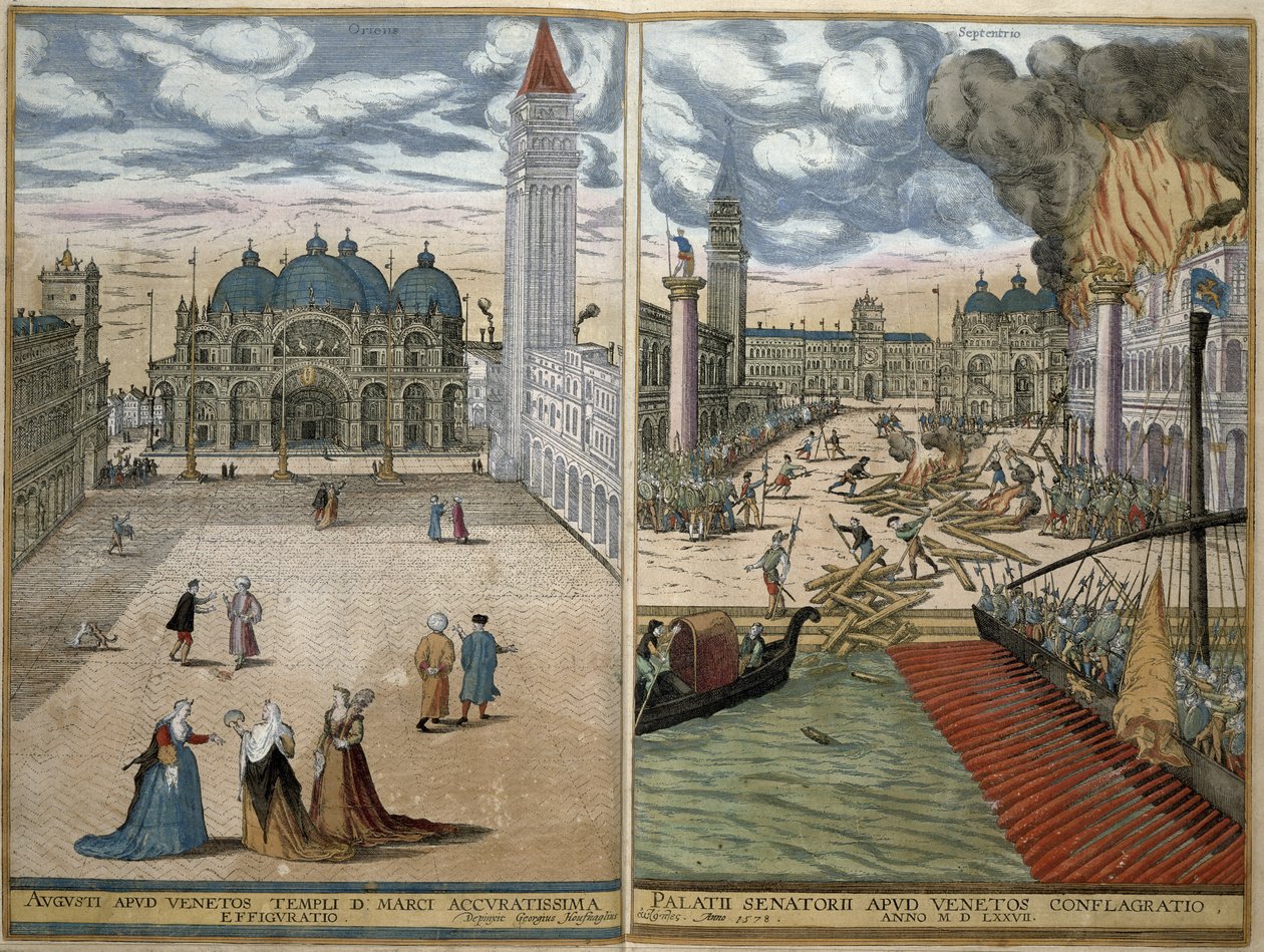 Näkymä San Marcoon ja palavaan Palazzo Ducaleen Georg Braunin (1541-1622) ja Frans Hogenbergin (1535-90) Civitates Orbis Terrarumista 1578 tekijältä Joris Hoefnagel