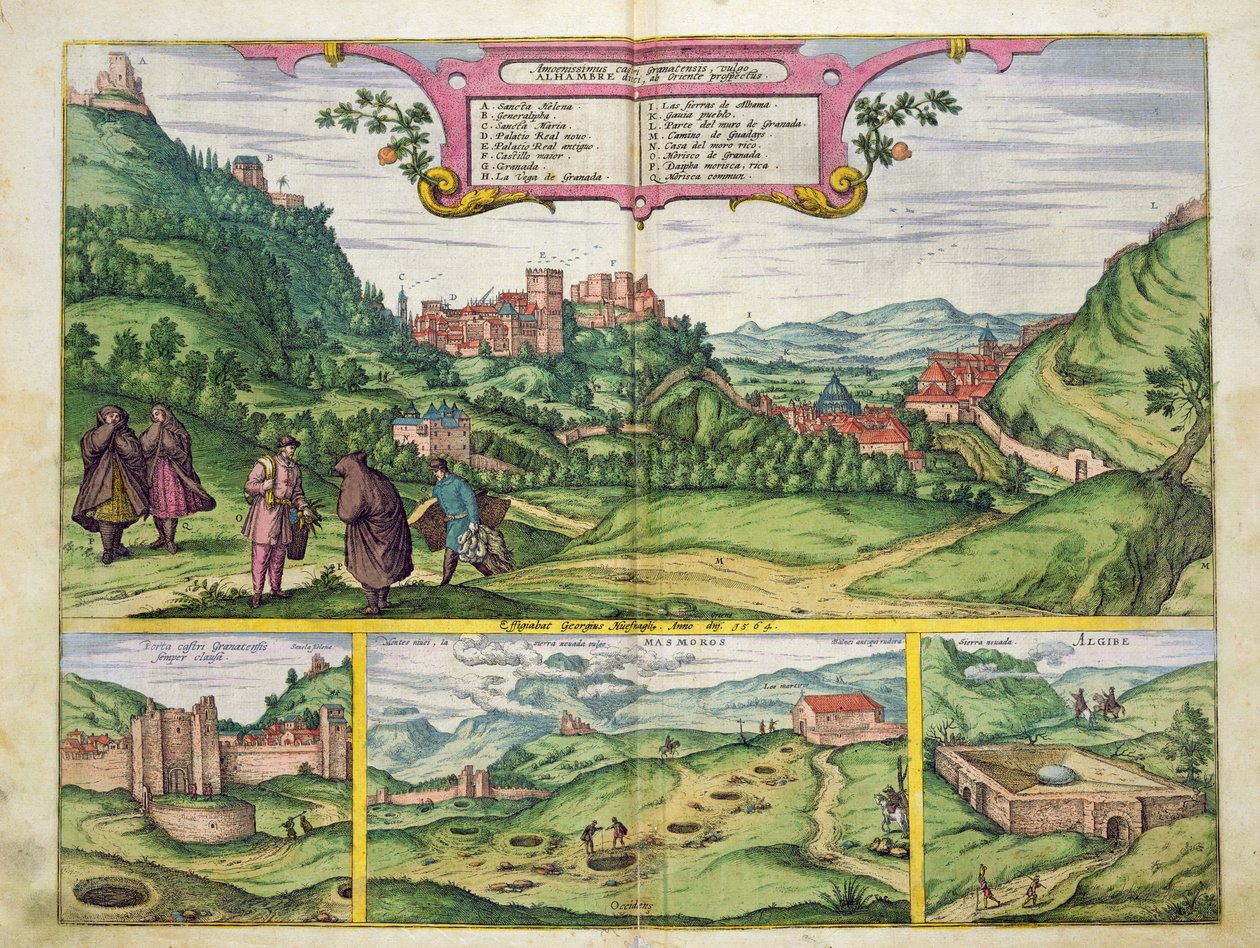 Näkymä Alhambrasta, Georg Braunin (1541-1622) ja Frans Hogenbergin (1535-90) teoksesta "Civitates Orbis Terrarum", 1564. tekijältä Joris Hoefnagel