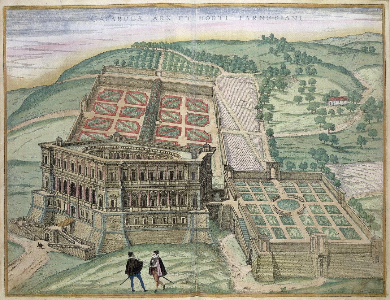 Näkymä Villa Farneselle ja puutarhoihin Georg Braunin (1541-1622) ja Frans Hogenbergin (1535-90) c, 1572-1617 Civitates Orbis Terrarumista tekijältä Joris Hoefnagel
