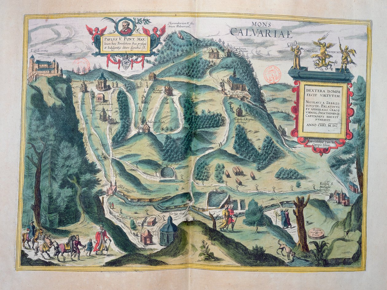 Näkymä Zebrzydowskin Golgatalle, Georg Braunin (1541-1622) ja Frans Hogenbergin (1535-90) Civitates Orbis Terrarumista, n. 1617 tekijältä Joris Hoefnagel