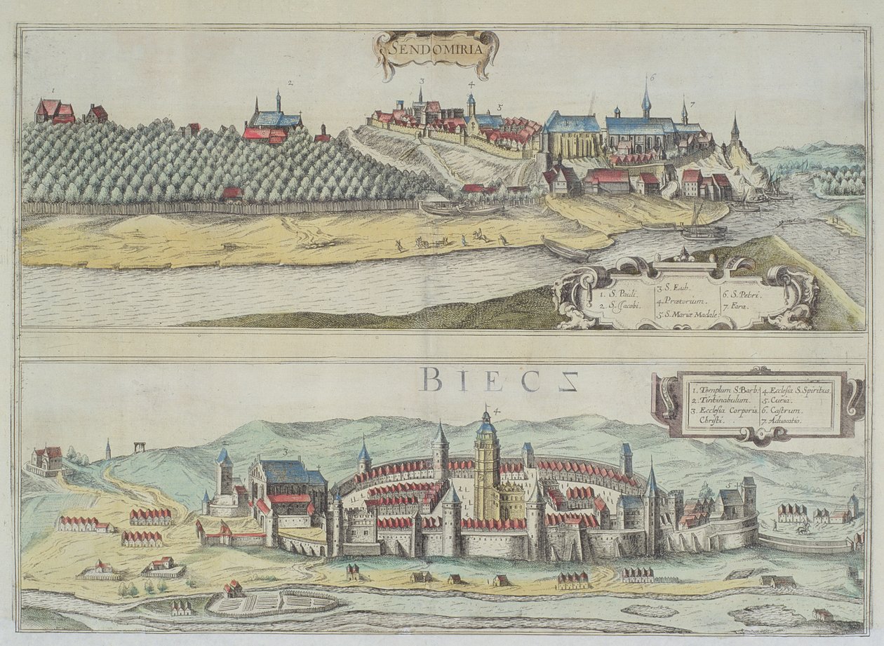 Sendomirian ja Bieczin näkymät Georg Braunin (1541-1622) ja Frans Hogenbergin (1535-90) teoksesta "Civitates Orbis Terrarum". tekijältä Joris Hoefnagel