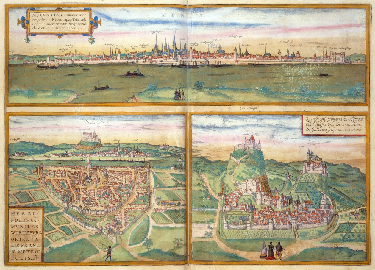 Metz, Wurtzburg ja Sittensen, Georg Braunin (1541-1622) ja Frans Hogenburgin (1535-90) Civitates Orbis Terrarumista, n. 1572 tekijältä Joris after Hoefnagel
