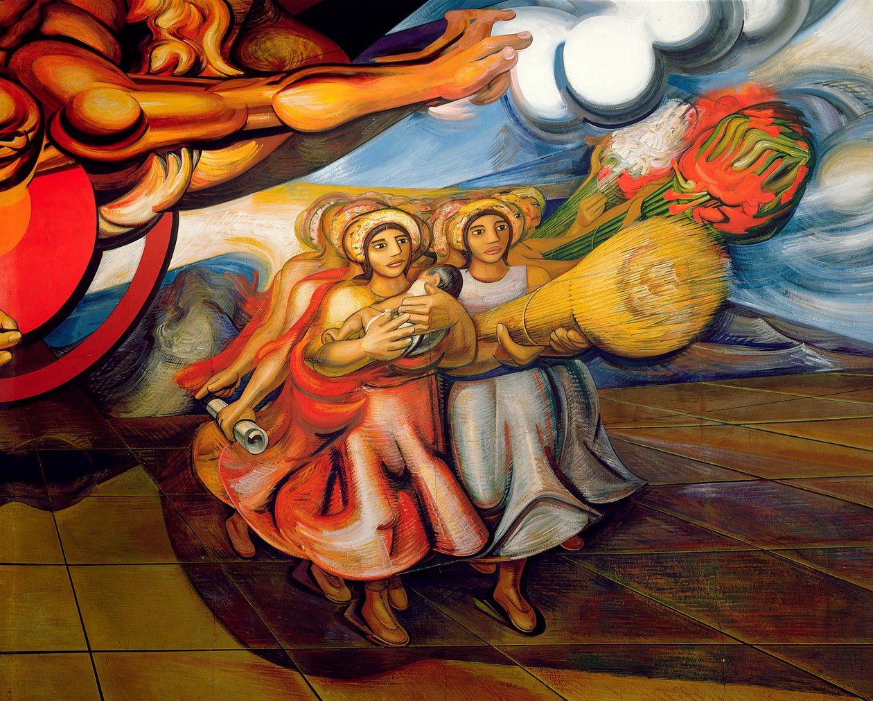 Meksikolaiset naiset lastensa ja työnsä tuotteiden kanssa marssivat vaatimaan oikeuksiaan syklistä, "Meksikolaiset vaativat sosiaaliturvaa" (fresko) tekijältä José Clemente Orozco