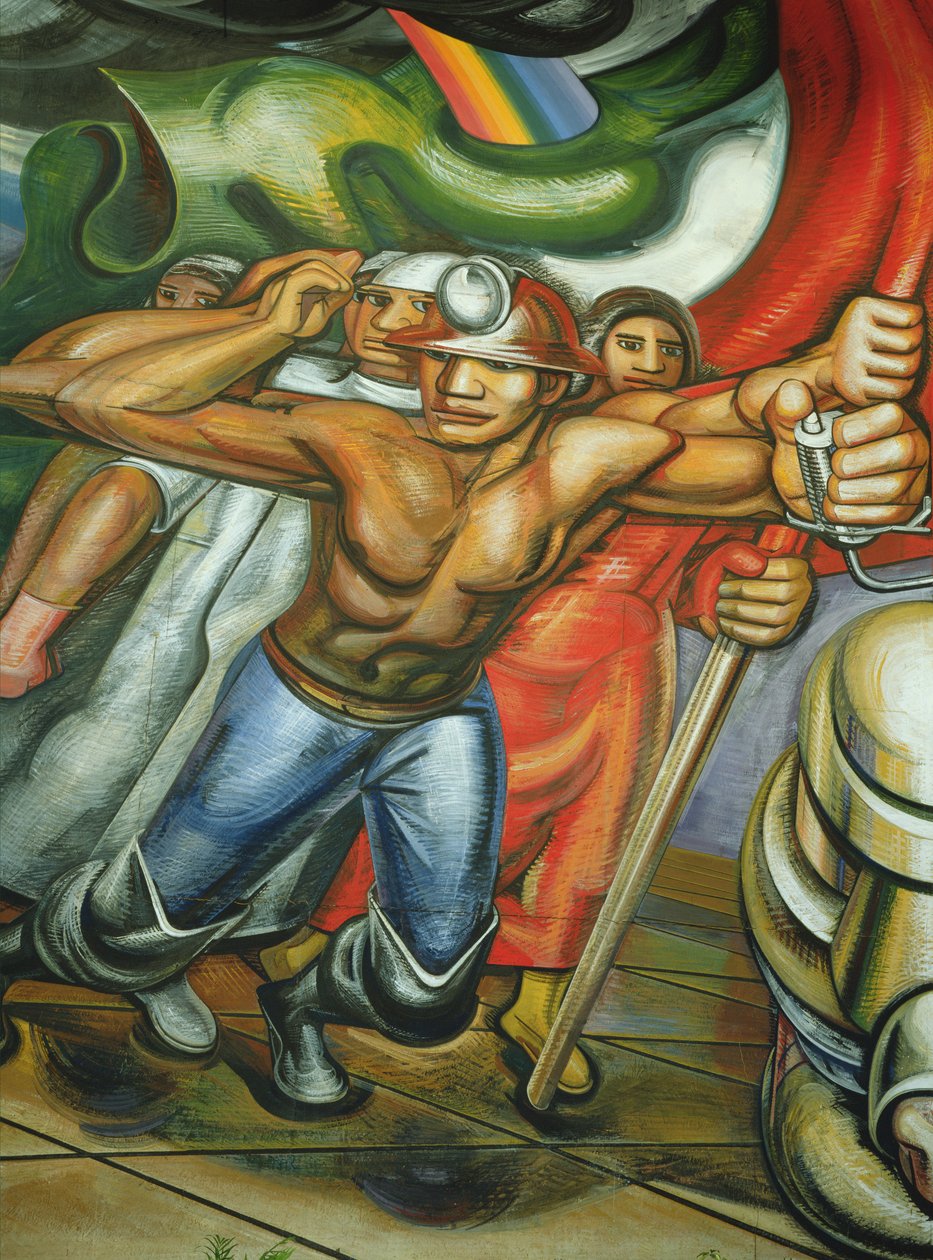 Työläisten ja kaivostyöläisten kulkue kierroksesta "Meksikolaiset vaativat sosiaaliturvaa" (fresko) tekijältä José Clemente Orozco