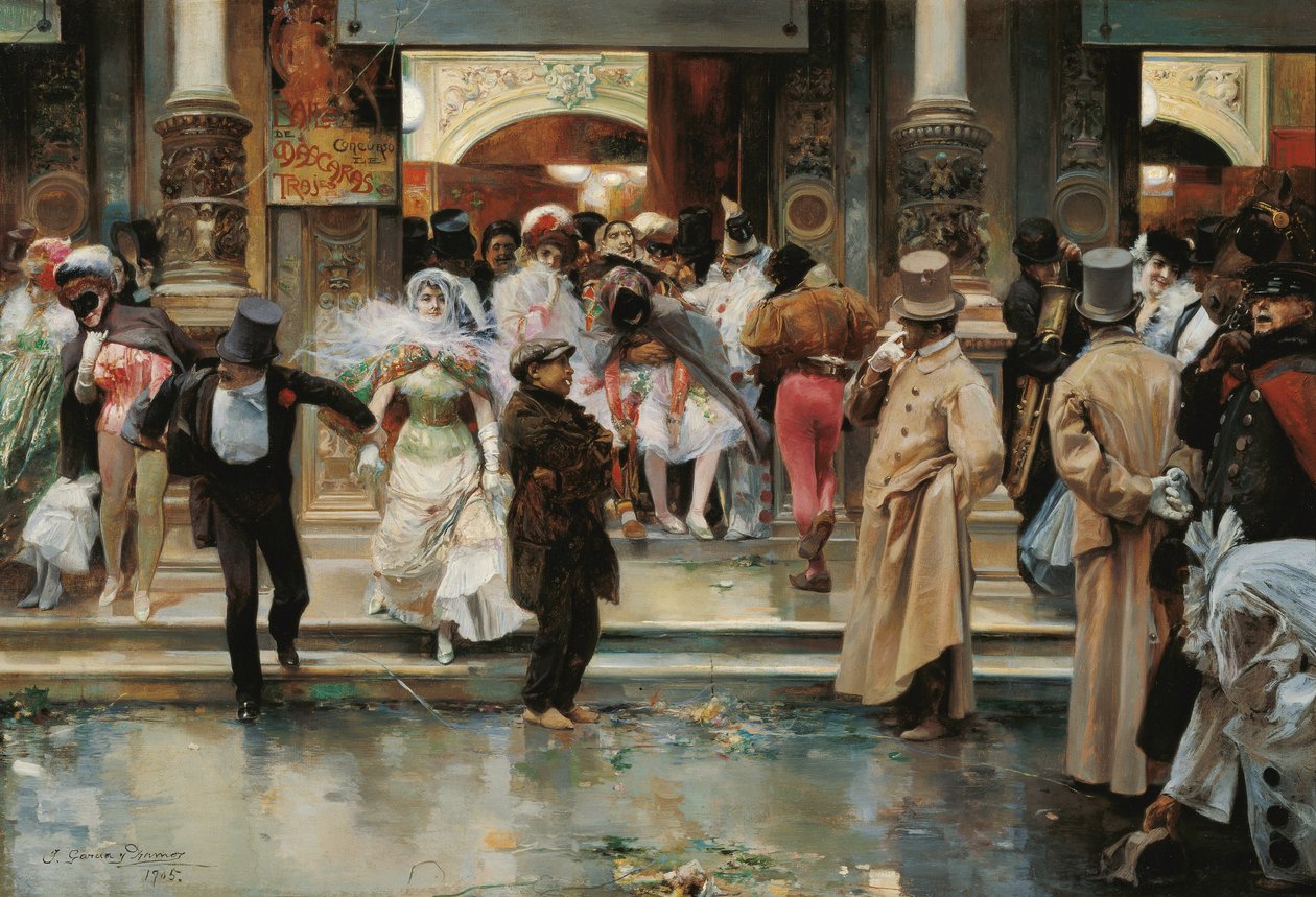 Naamiapallon jättäminen - Garcia y Ramos, Jose (1852-1912) - 1905 - Öljy kankaalle - 70,5x104,1 - Museo Carmen Thyssen, Málaga tekijältä José García Ramos