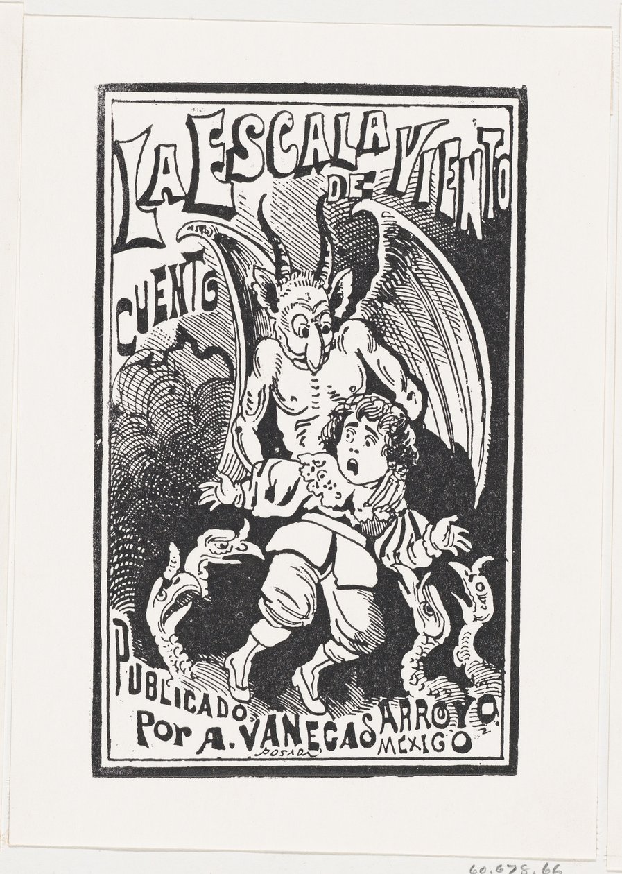 Demoni pitelee nuorta poikaa olkapäillään korppikotkaryhmän päällä, kuvitus..., n. 1880-1910. tekijältä José Guadalupe Posada