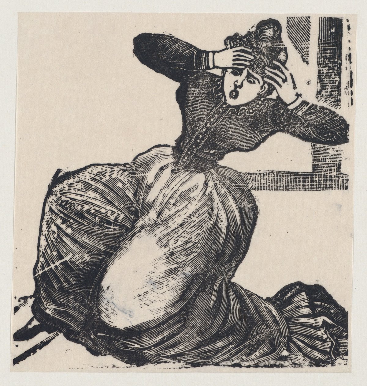 Huuhteleva nainen maassa, kädet nostettuna päätään vasten, leveästä kyljestä otsikolla..., 1893. tekijältä José Guadalupe Posada