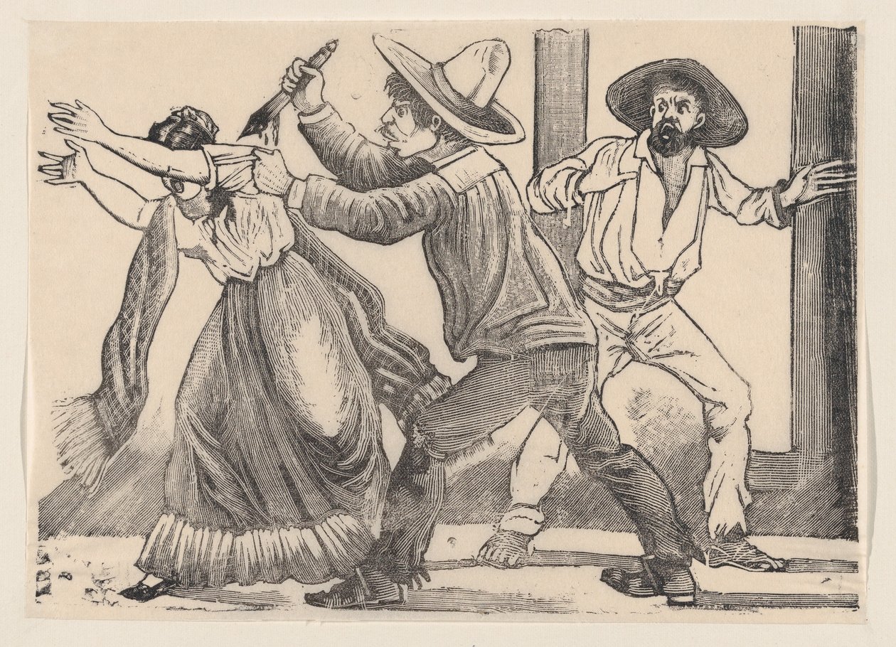 Mies tarttuu naista hihasta ja puukotti häntä kyljestä, jonka otsikkona on "The murha...", 1891. tekijältä José Guadalupe Posada