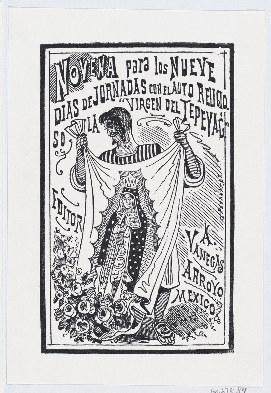 Mies pitelee ylhäällä kangaspalaa, jossa on Neitsyt kuva, kuva ..., n. 1880-1910. tekijältä José Guadalupe Posada