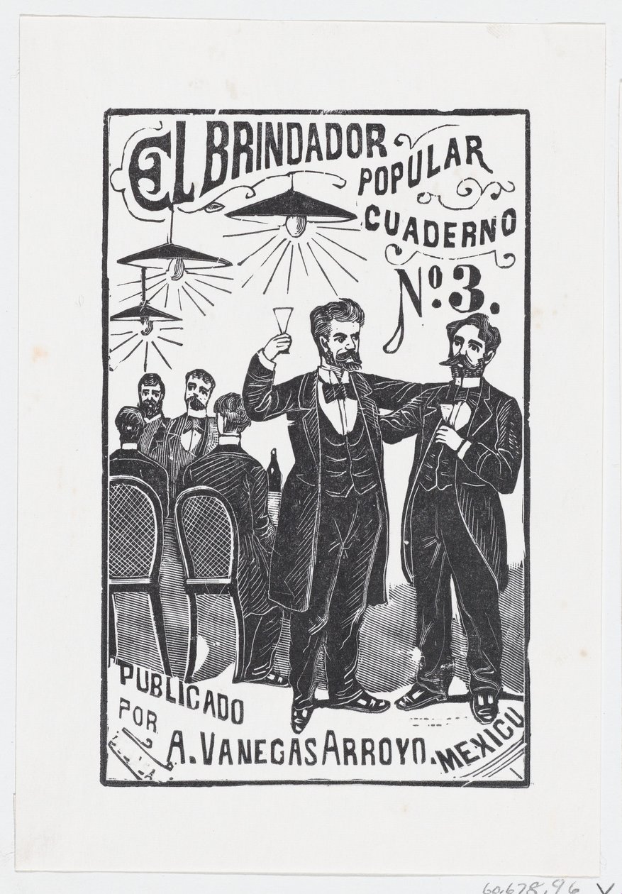 Mies nostaa lasiaan taustalla pöydän ääressä istuvan ryhmän kanssa,..., n. 1890-1899. tekijältä José Guadalupe Posada