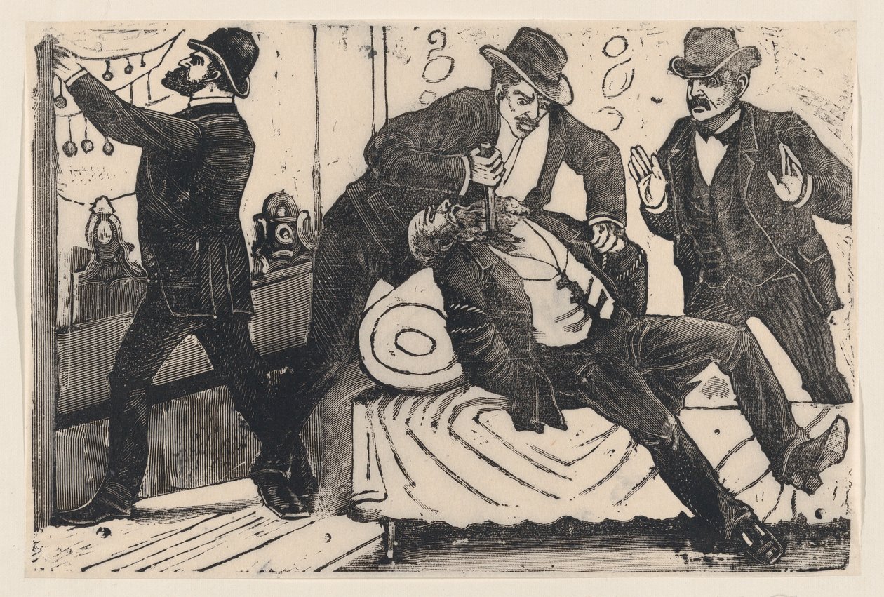 Mies puukotti toista miestä rintaan, kun hänen työtoverinsa ryöstävät kauppaa..., noin. 1890-1891. tekijältä José Guadalupe Posada