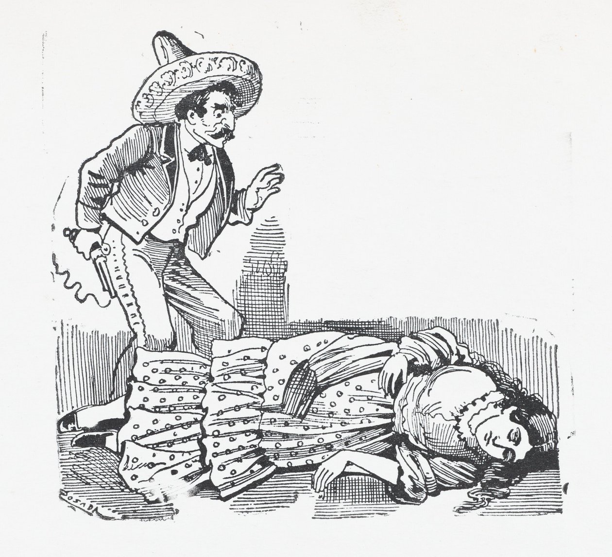 Mies aseella seisomassa naisen päällä, jonka hän on juuri ampunut, n. 1880-1910, n. 1880-1910. tekijältä José Guadalupe Posada