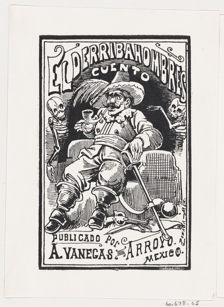Mies, jolla on aseet ja piippu suussa, jota reunustavat kaksi luurankoa, kuva..., n. 1880-1910. tekijältä José Guadalupe Posada