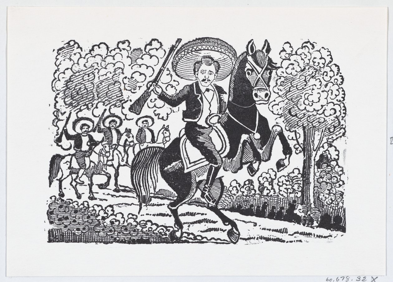 Vallankumouksellinen sotilas ratsain kiväärin kanssa Heraclio Bernal, n. 1880-1910, n. 1880-1910. tekijältä José Guadalupe Posada