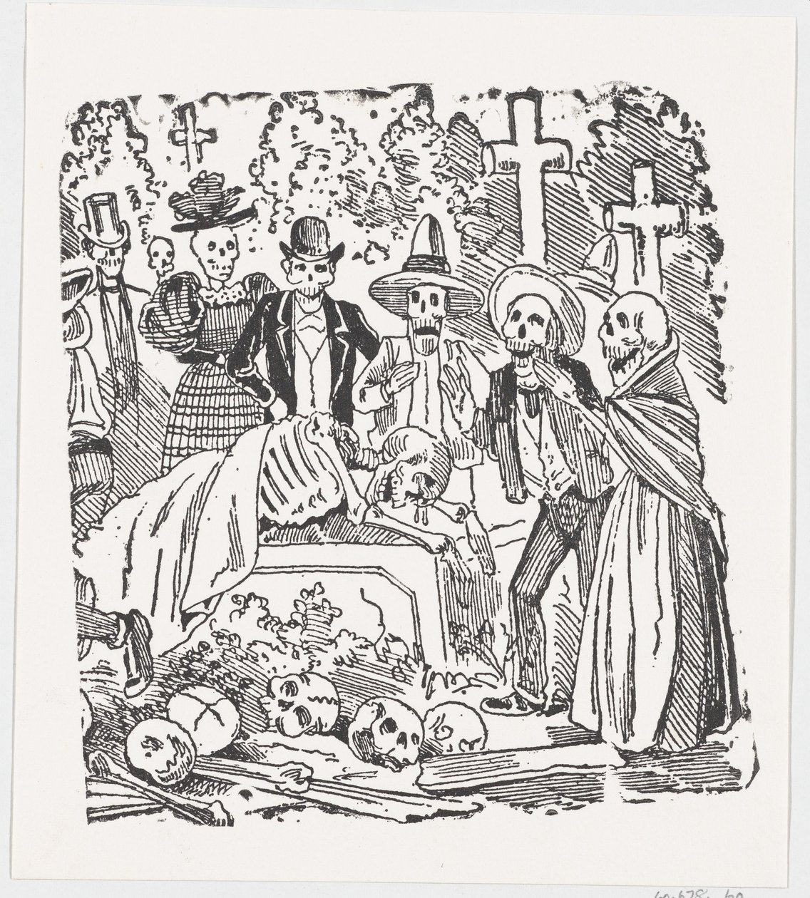 Luuranko peitetty lakanalla, joka itkee hautausmaalla, leveästä kyljestä otsikolla "..., n. 1880-1910. tekijältä José Guadalupe Posada