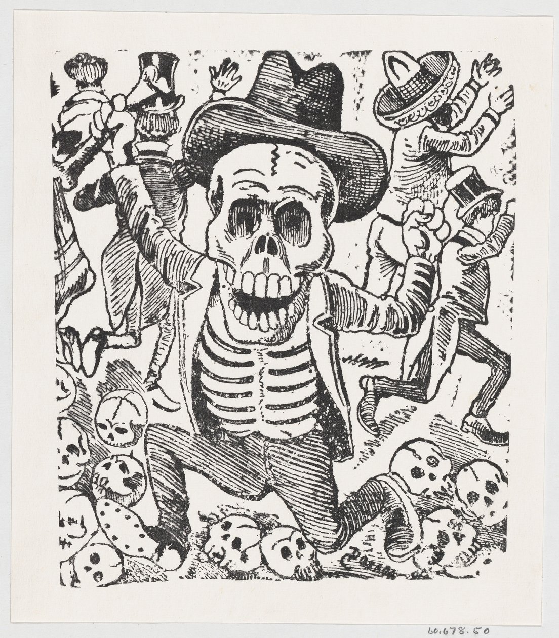 Luuranko pitelee luuta ja hyppää kallokasan yli, kun ihmiset pakenevat, fr..., n. 1907. tekijältä José Guadalupe Posada