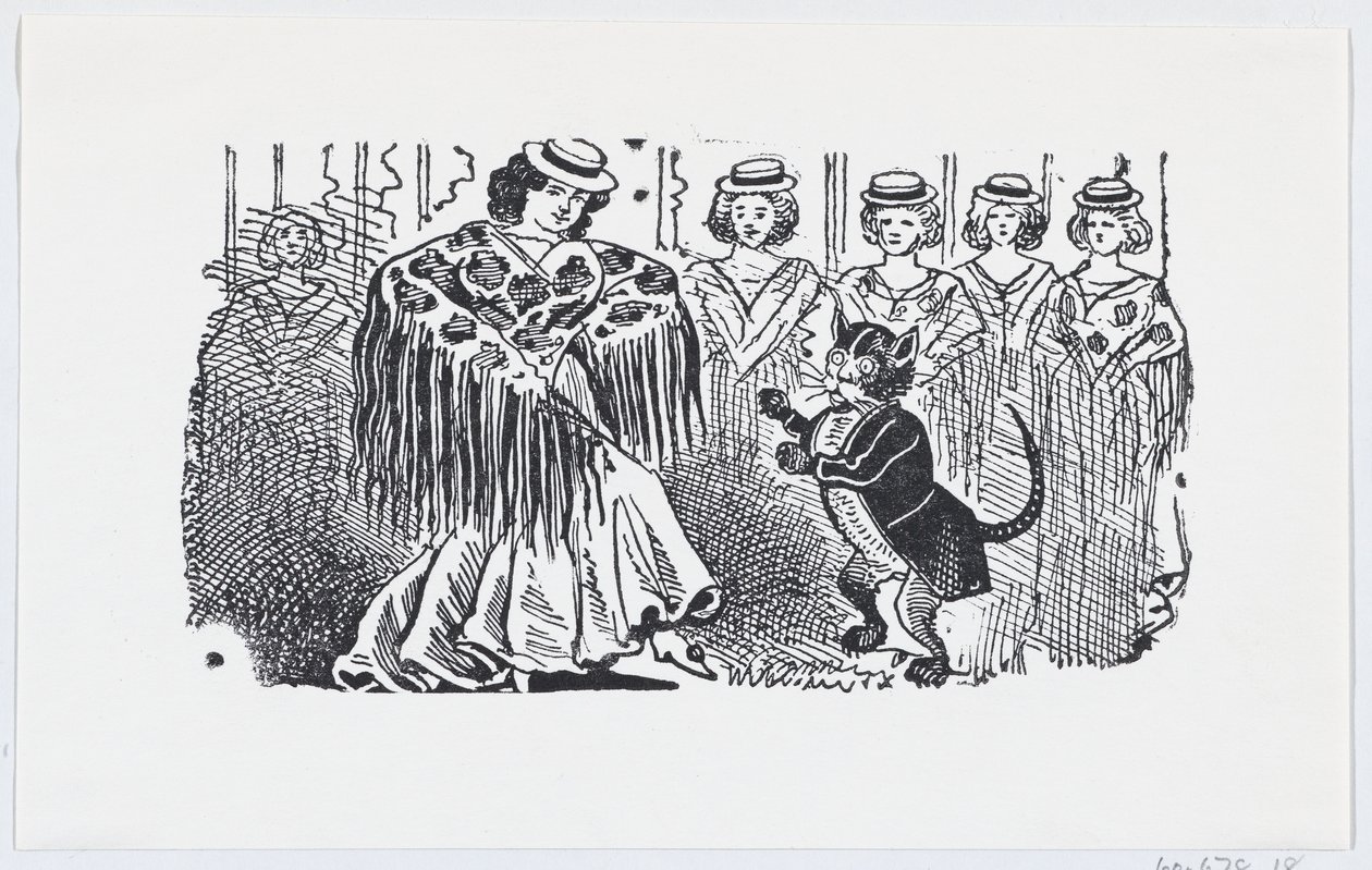 Nainen tanssii kissan kanssa puvussa, n. 1880-1910, n. 1880-1910. tekijältä José Guadalupe Posada