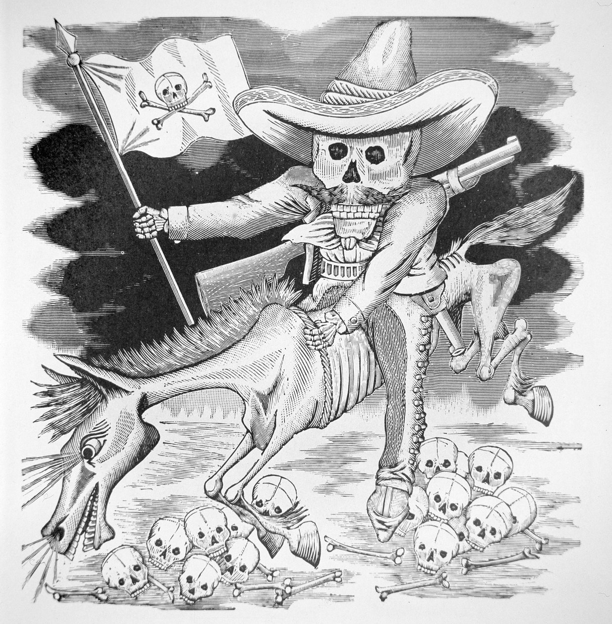 Zapatista-kallo, n. 1910 (kaiverrus) tekijältä José Guadalupe Posada