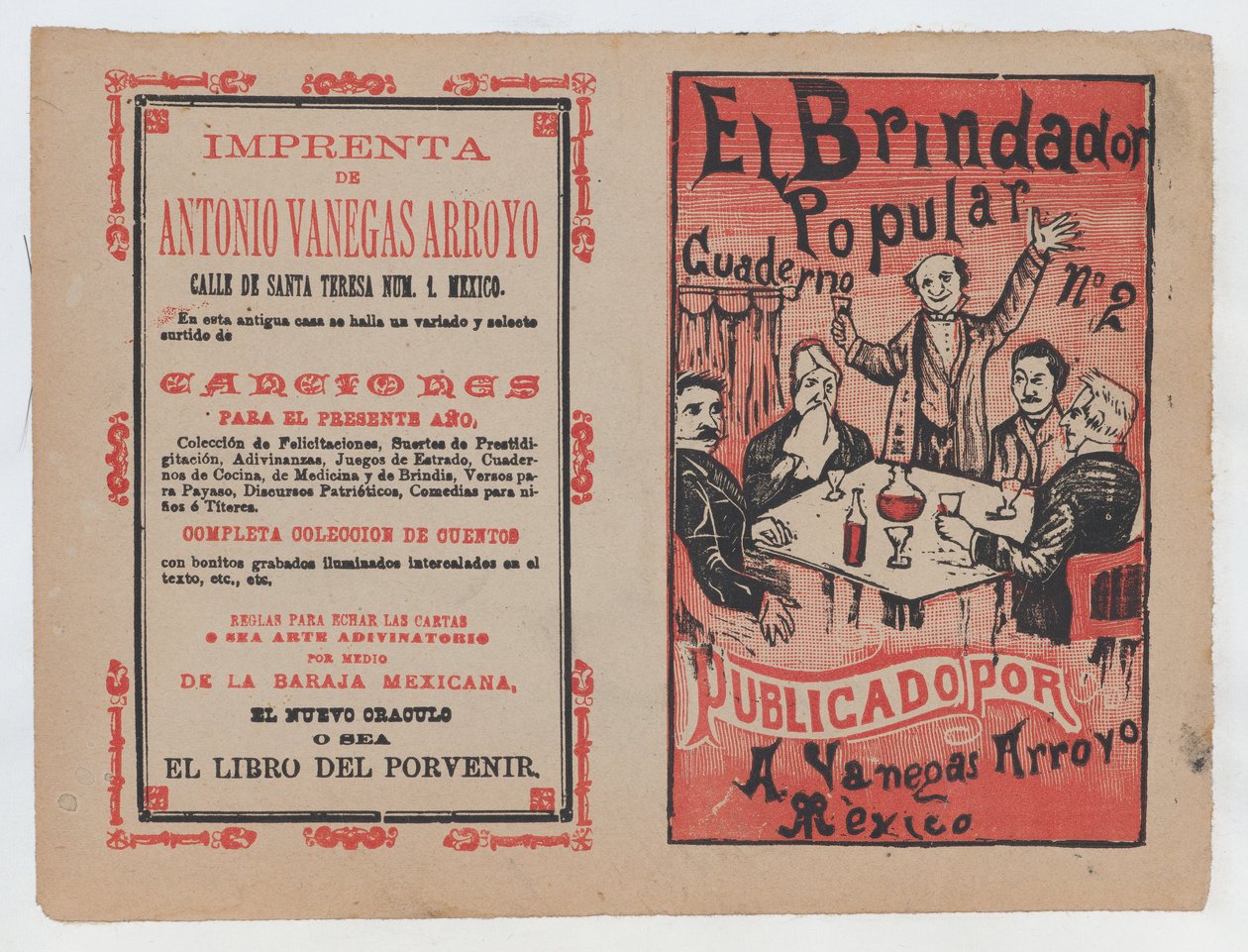 Kansi elokuvalle "El Brindador Popular", mies nostaa maljan ihmisryhmän istuimelle..., noin. 1880-1910. tekijältä José Guadalupe Posada