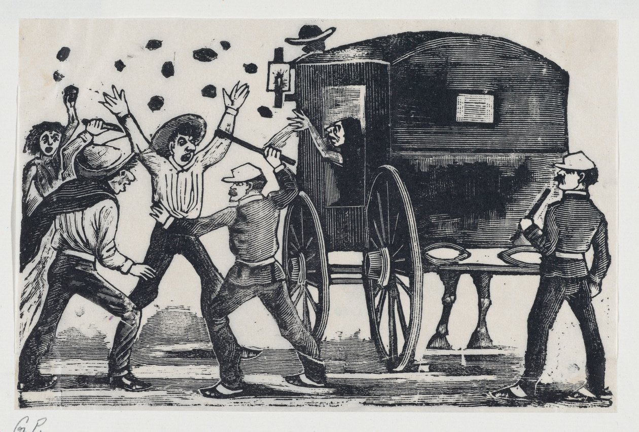 Miehet taistelevat hevosen ja vaunujen lähellä, n. 1900-1910, n. 1900-1910. tekijältä José Guadalupe Posada
