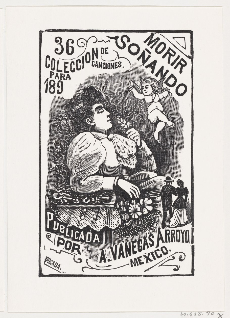 Profiili naisesta, joka istuu tuolissa pää takana ja kädessään kukka, il..., ca. 1890. tekijältä José Guadalupe Posada