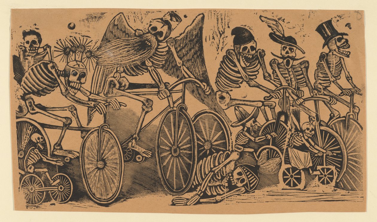 Luurankot calaveras ratsastavat polkupyöriä, n. 1900, n. 1900. tekijältä José Guadalupe Posada