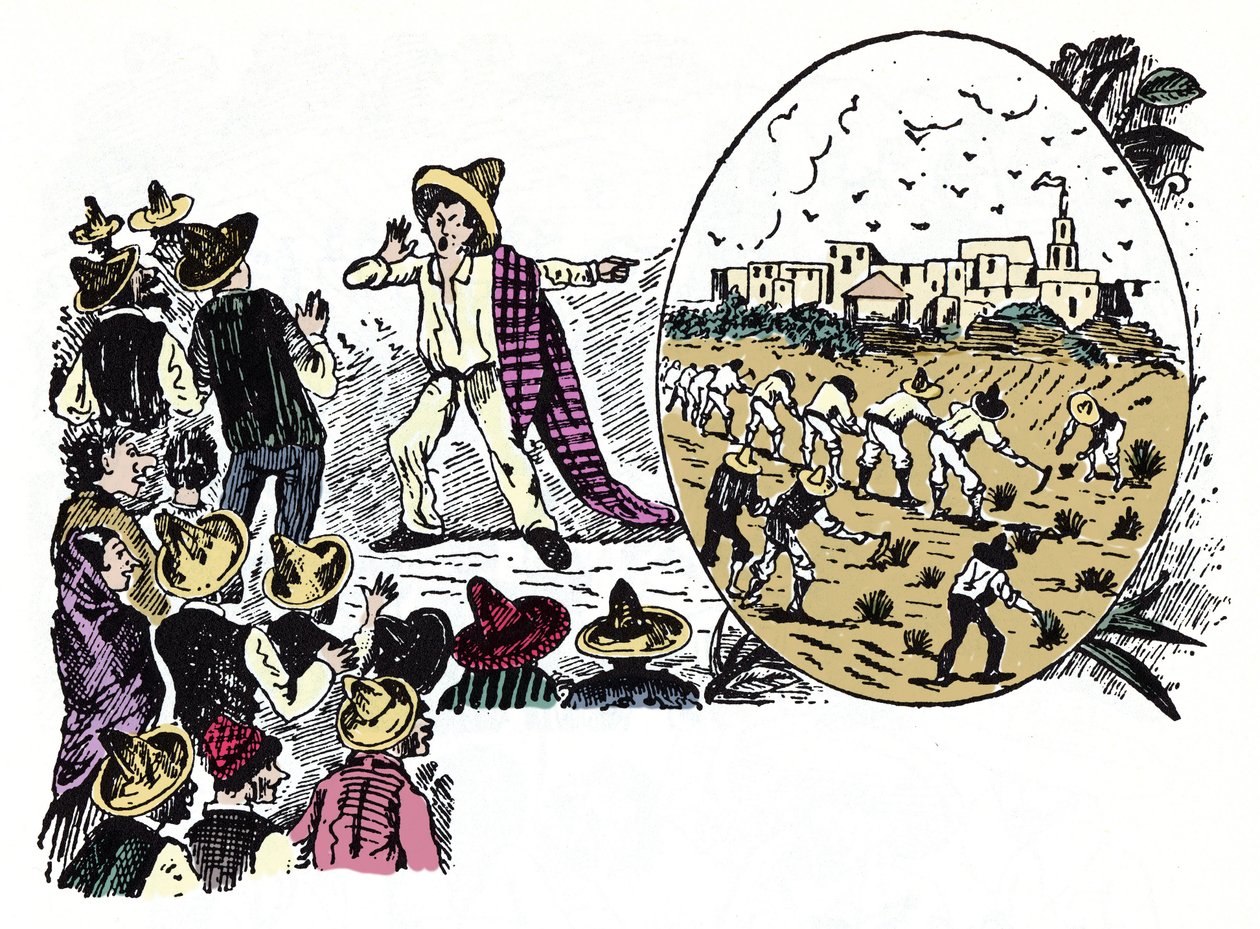 Meksikon vallankumous (1910-1920): tarina yhden Valle Nacionalin työntekijän kovasta työstä, noin 1908 - Jose Guadalupe Posadan (1852-1913) ksylografia tekijältä José Guadalupe Posada