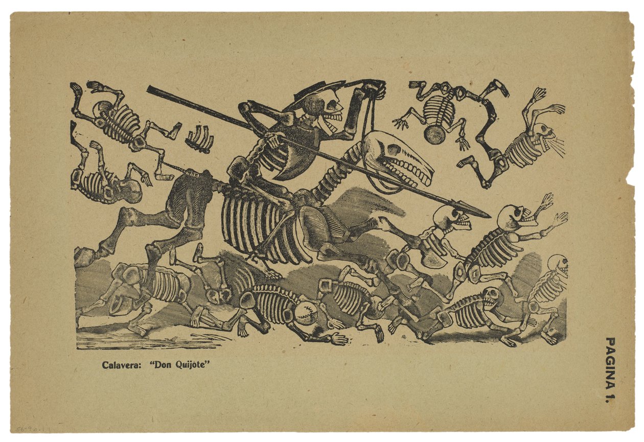 Don Quijoten pääkallot, n. 1910-1913, painettu 1943 (valokuvareliefi-etsaus kaiverruksella) tekijältä José Guadalupe Posada