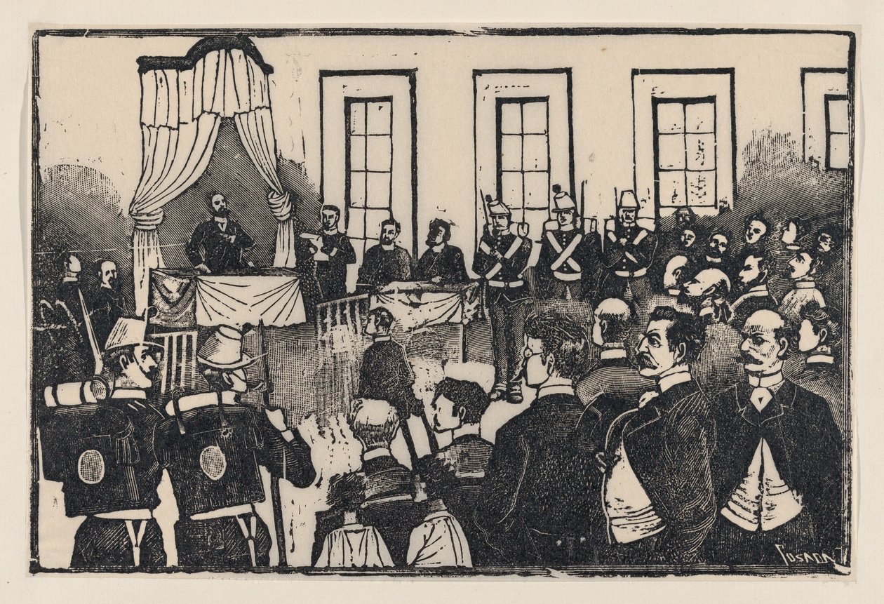 Tomas Hernandez Aguirren murhaajien oikeudenkäynti laajalta puolelta nimeltä "E..., ca. 1890-1891. tekijältä José Guadalupe Posada