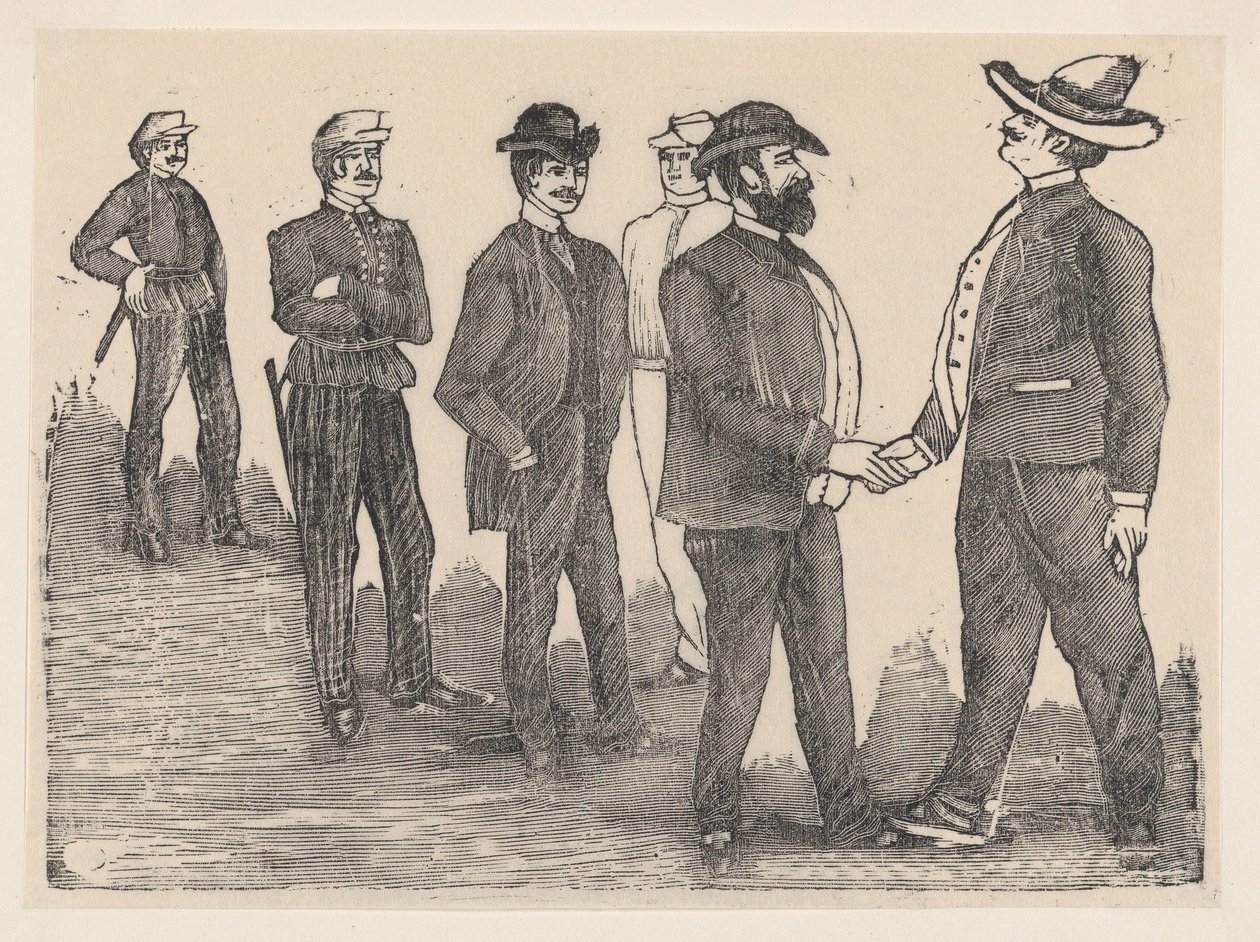 Kaksi miestä kättelemässä etualalla ja upseerit katsomassa heitä taustalla..., n. 1880-1910. tekijältä José Guadalupe Posada