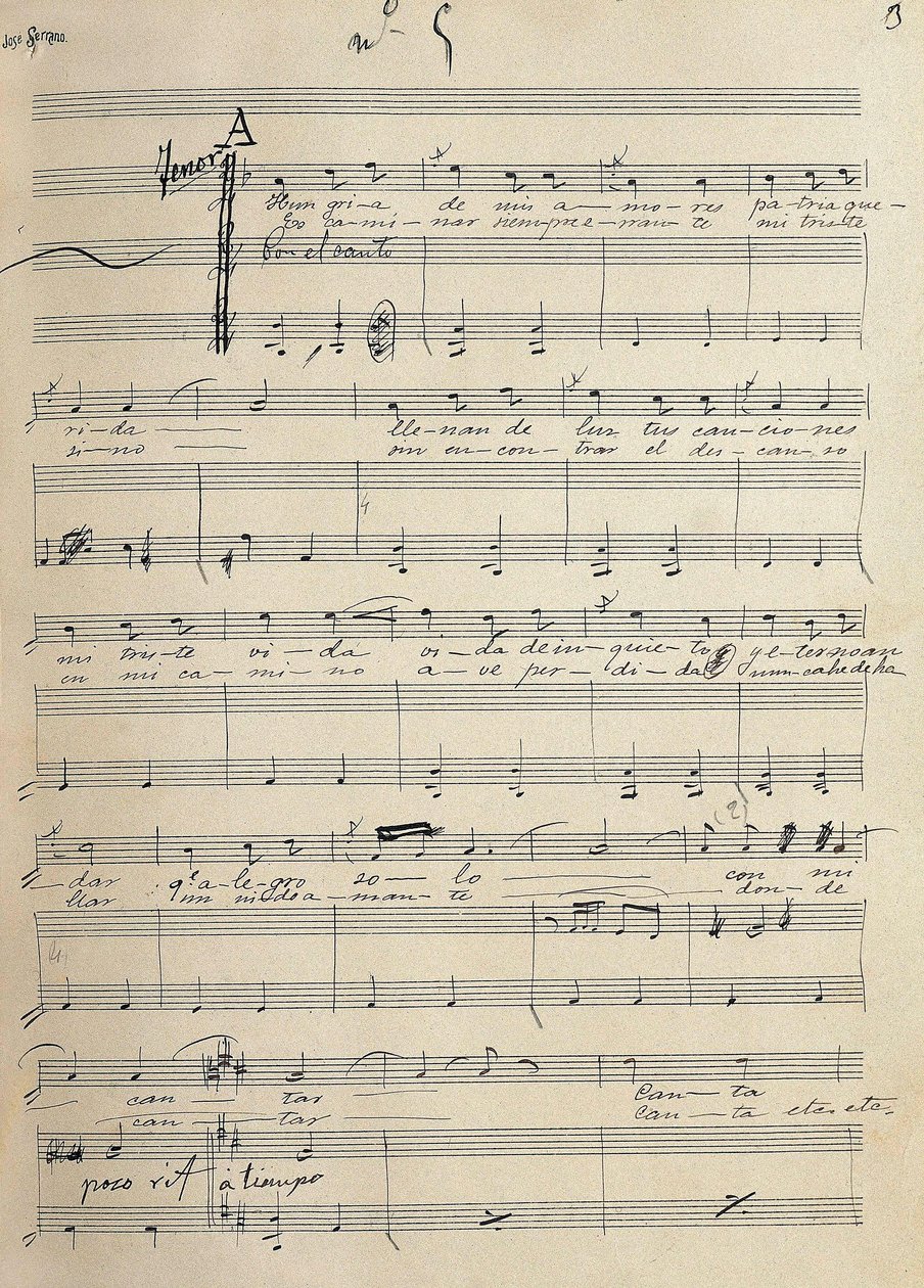 Jose Serranon (1873-1941) alkuperäinen romanssin käsikirjoitus zarzuelan tenorille "Alma de Dios" tekijältä José Serrano