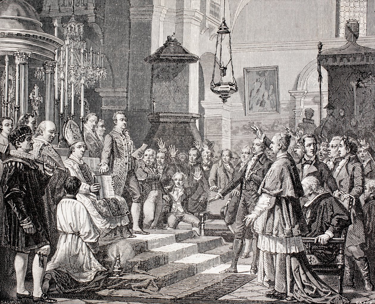 Kansanedustajien valan vannominen Cádizin Cortesin avajaisistunnossa, Espanja, 1810, teoksesta "The Universal Museum", kaiverrettu Tomas Carlos Capuzin (1834-99) ja Salmonin kaiverruksella, julkaistu 1862. tekijältä Jose Casado de Alisal
