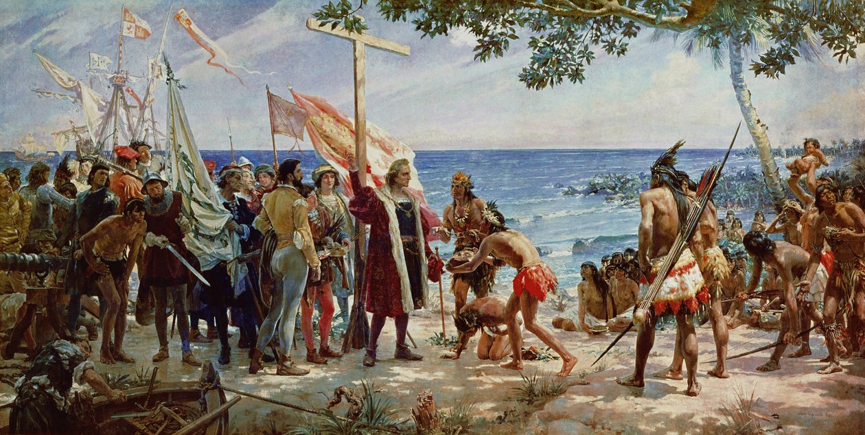 Kristoffer Kolumbuksen maihinnousu Guanahanin saarella vuonna 1492, noin 1890 tekijältä Jose Garnelo y Alda