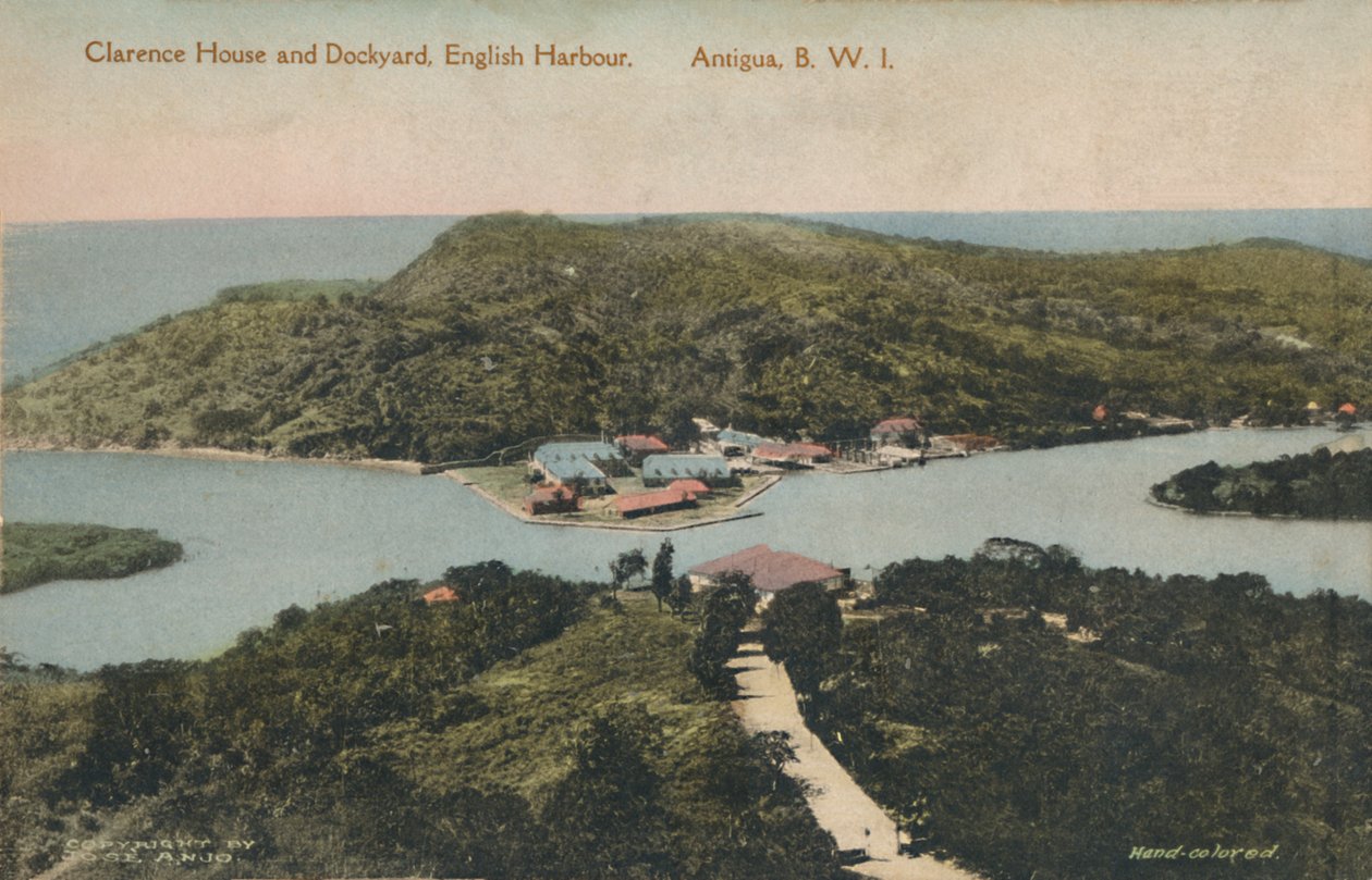 Clarence House and Dockyard, Englannin satama. Antigua, B.W.I., 1900-luvun alku. tekijältä Jose Anjo
