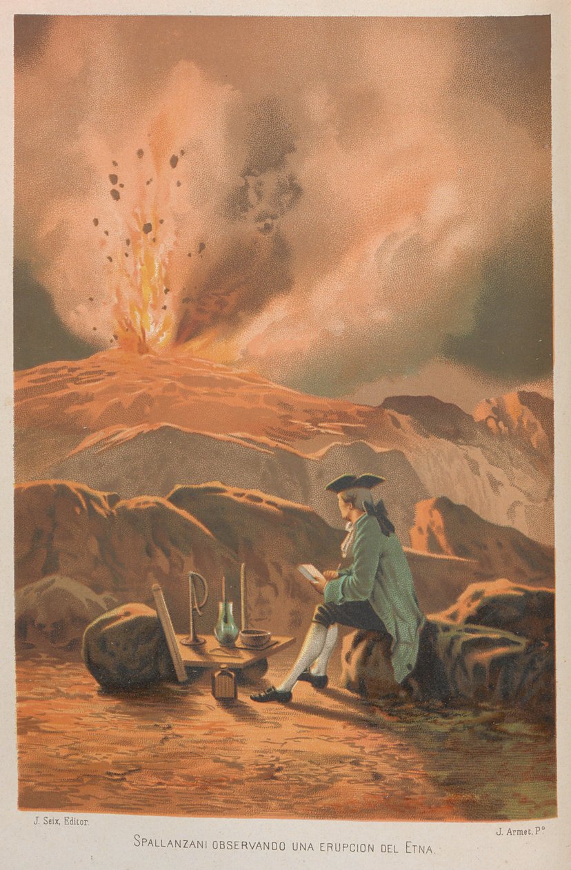 Lazzaro Spallanzani tarkkailemassa Etnan purkausta. Lähde: Tiede ja sen miehet, 1879. tekijältä Jose Armet Portanell