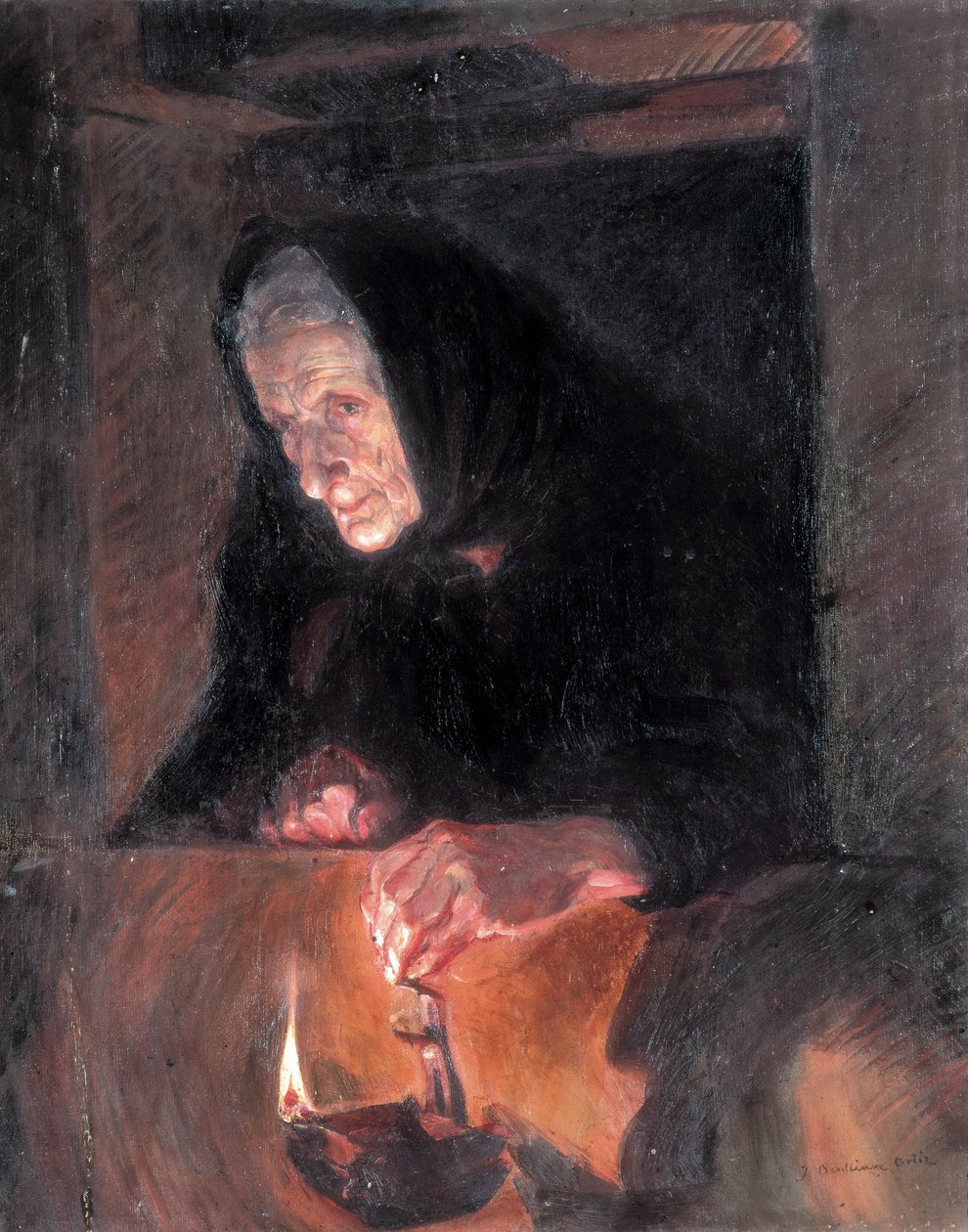 Vanhalla rouvalla on öljylamppu. Jose BENLLIURE ORTIZin (1884-1916) maalaus Öljy kankaalle. Valencia. Museo Bellas Artes San Pio V. tekijältä Jose Benlliure Ortiz