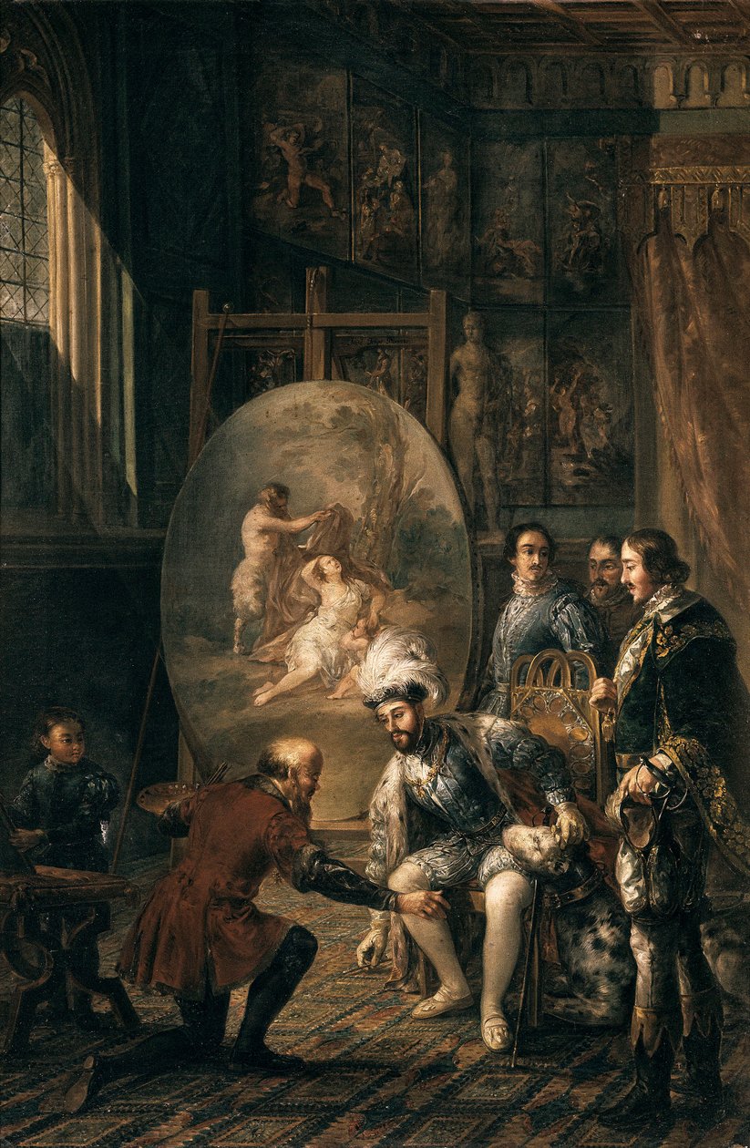 ""Keisari Kaarle V (1500-1558) tarttumassa taidemaalari Tiziano Vecellion siveltimeen sanoi Titian (1485-1576), taidemaalari keisarin hovissa"" Jose Felipe Parran (1824-1864) maalaus 1800-luvun Valencia, Museo de Bellas Artes San Pio V tekijältä Jose Felipe Parra