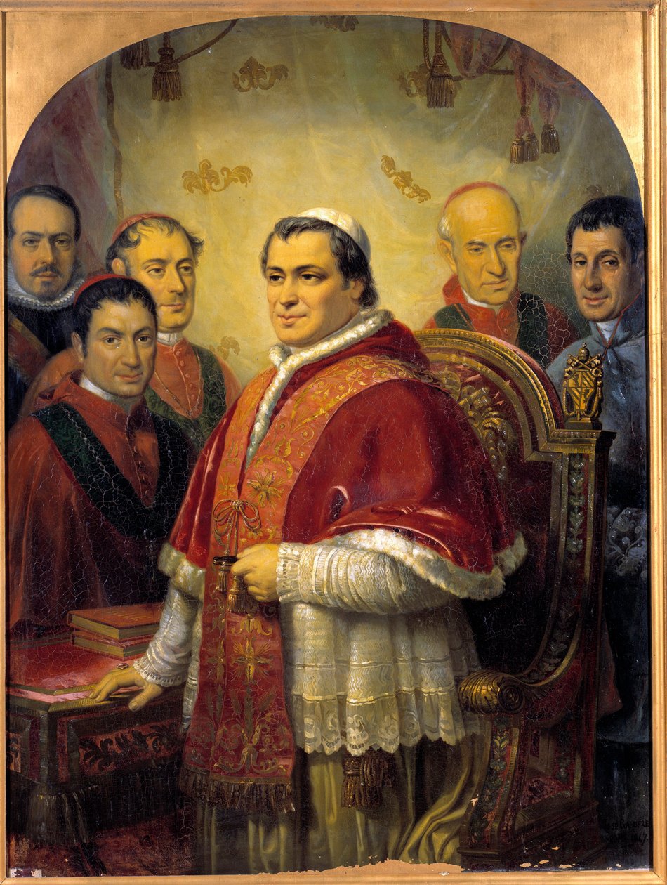 Paavi Pius IX:n (1792-1878) muotokuva kardinaalien ympärillä Jose Galofre y Coman (1819-1877) maalaus 1847 su. 1,43x1,08 m tekijältä Jose Galofre Y Coma