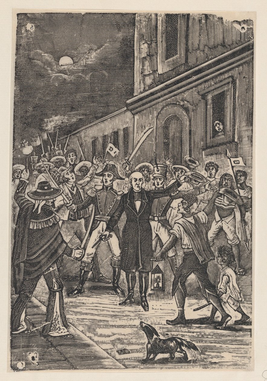 Ryhmä aseistautuneita miehiä esittää itsenäisyyshuudon tekijältä José Guadalupe Posada