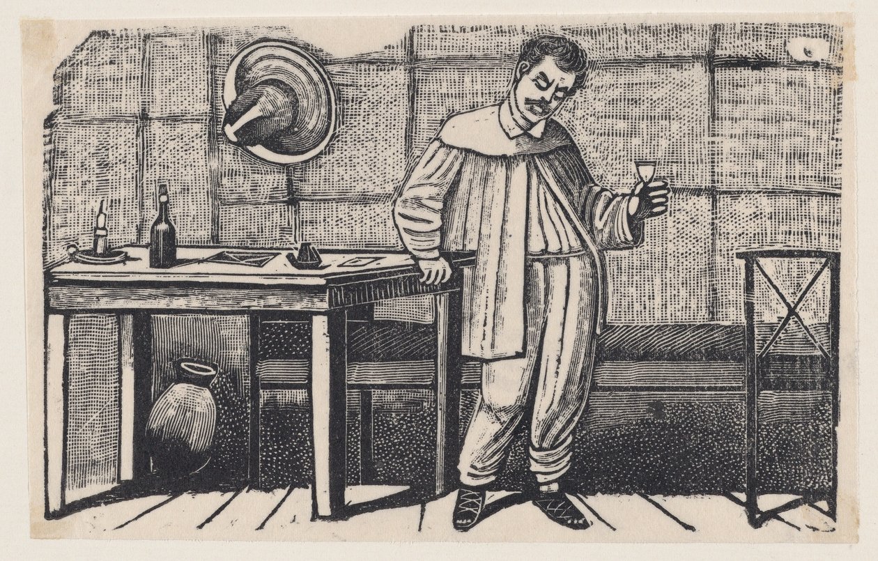 Mies lasi kädessään katsoo alaspäin ja nojaa pöytään, kuvitus teoksesta "El huérfano" tekijältä José Guadalupe Posada