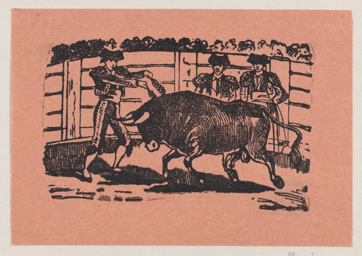 Ein Torero platziert Banderillas in die Schultern des Stiers, während zwei Männer hinter dem Stier stehen tekijältä José Guadalupe Posada