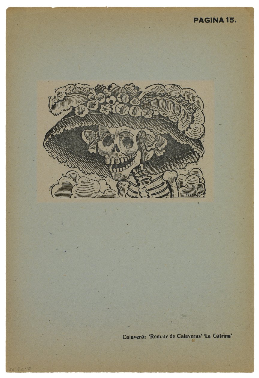 Calavera de la Catrina, n. 1910, painettu 1943 (valokuvareliefi etsaus kaiverruksella) tekijältä José Guadalupe Posada