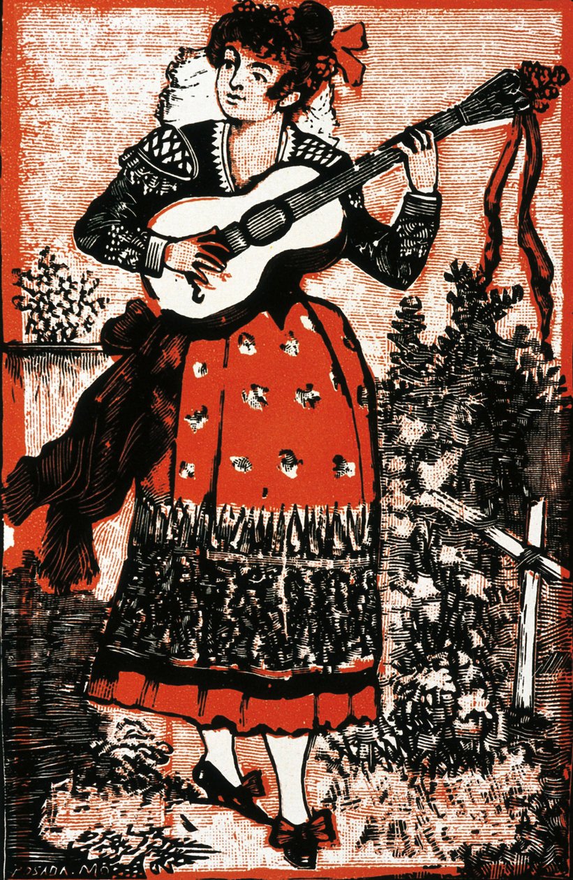 Kansi laulukirjasta, joka esittää meksikolaista naista kitaran kanssa. Kaiverrus Jose Guadalupe POSADA (1852-1913). Kaiverrus tekijältä José Guadalupe Posada
