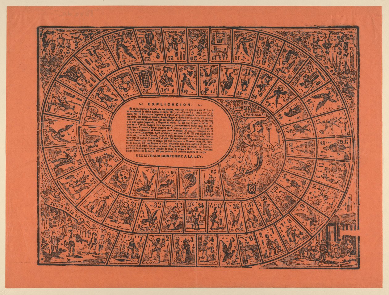 Gänsespiel (mit den Regeln in der Mitte gedruckt) tekijältä José Guadalupe Posada