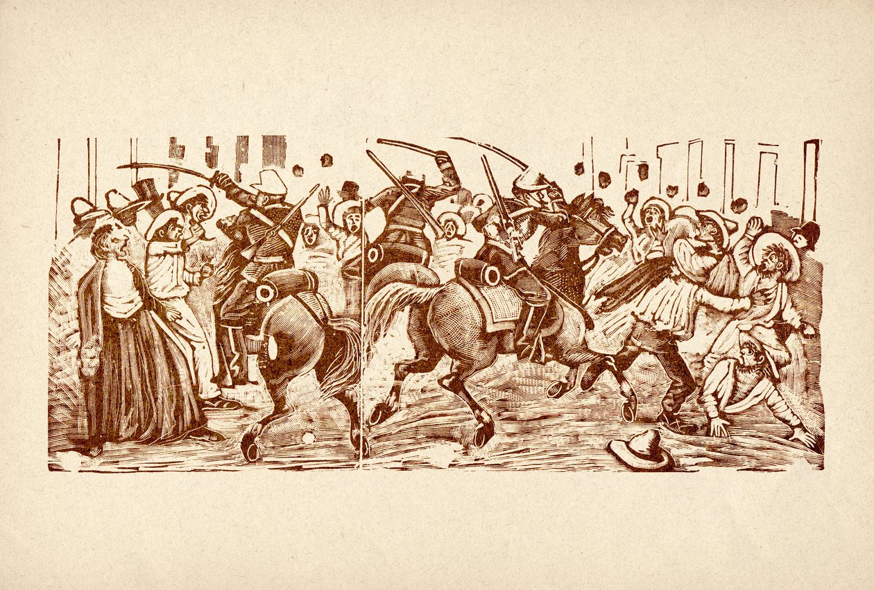 José Guadalupe POSADA (1852-1913): Meksikossa järjestetty mielenosoitus, jonka poliisi tukahdutti ankarasti Diazin diktatuurin aikana (Jose de la Cruz Porfirio Diaz Mori). tekijältä Jose Guadalupe Posada